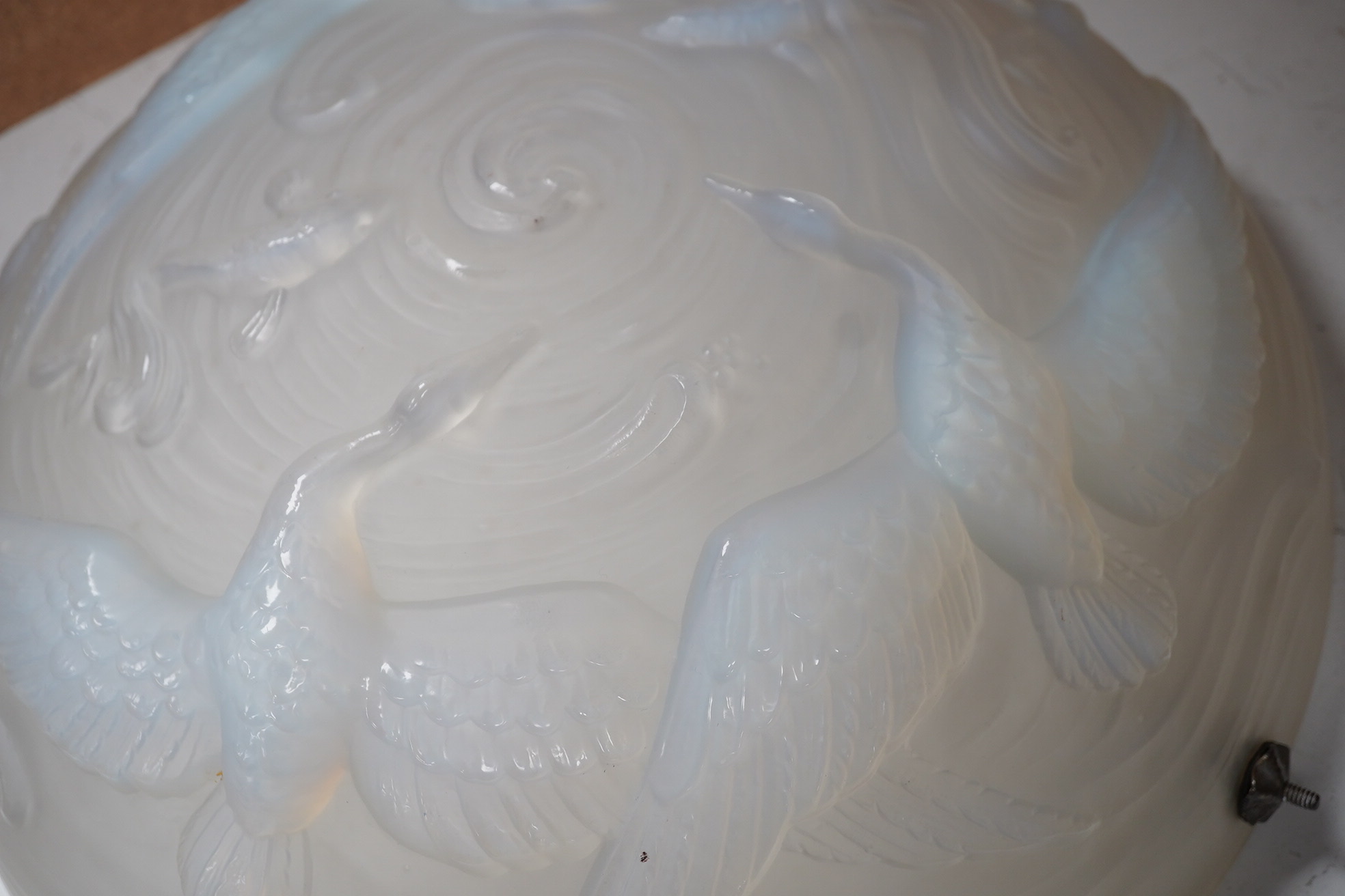 A Lalique style glass plaffonier, decorated with birds and fish, 39cm diameter. Condition - good